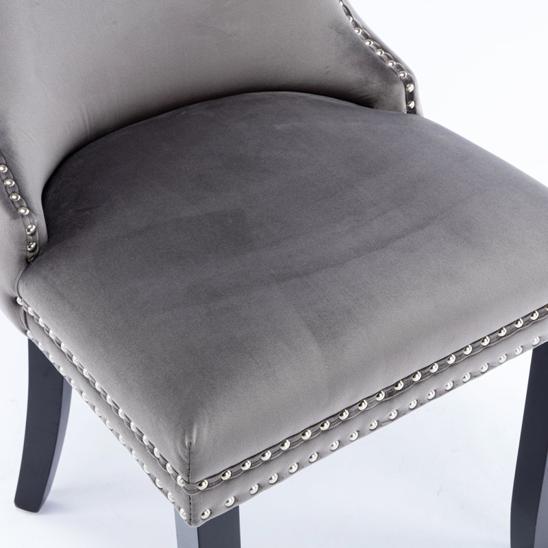 Chaise de salle à manger rembourrée à oreilles Gainous avec garniture cloutée et pieds en bois massif, gris, Noir, 2