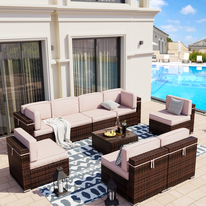 Keolani Wicker 8 - Person Modular Patio Conversation Set with Cushions, Khaki