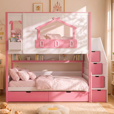 Twin over Twin Wooden Bunk Bed with Storage Staircase, 6 Drawers, Upper Shelf & Playhouse, White + Pink