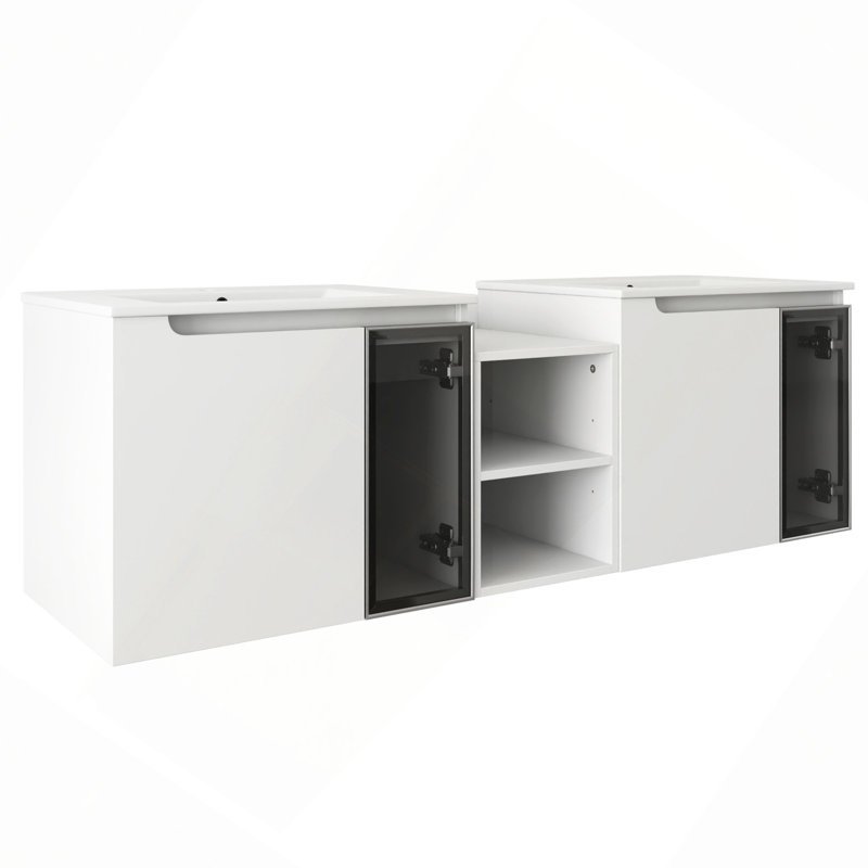 Meuble-lavabo mural 60 po avec lavabo en céramique, portes à fermeture douce, 1/2 porte vitrée, petite tablette de rangement, contreplaqué (emballage KD)