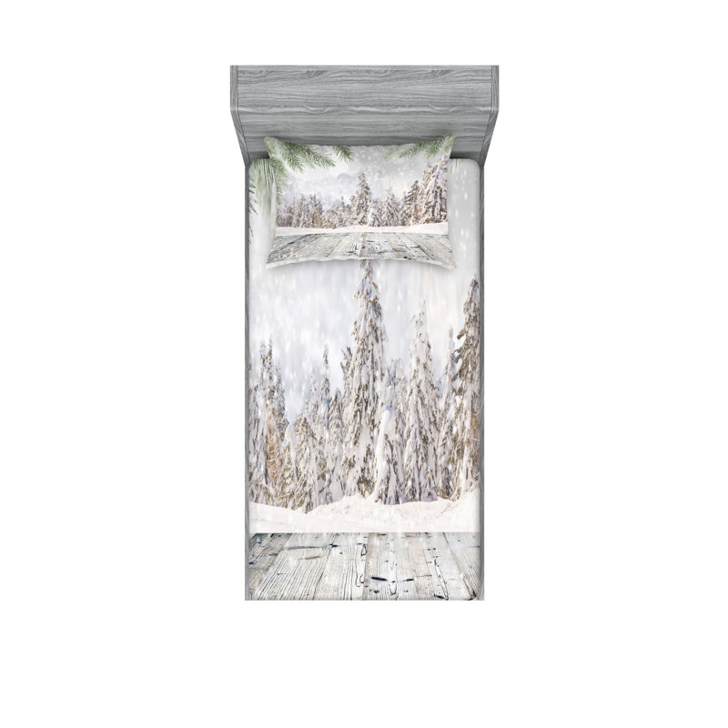 Drap-housse et coussin décoratif Ambesonne Winter vert blanc beige, Ensemble de draps pour lit simple + 3 pièces supp