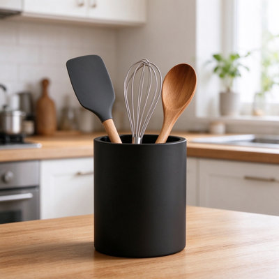 Wooden Utensil Holder for Kitchen Counter, Large Cooking Utensil Crock, Natural Solid Pine Wood Countertop Organizer, Black Kitchen Decor and Accessories