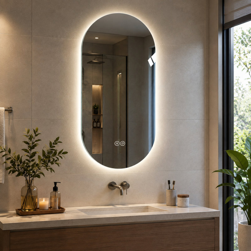 Miroir de salle de bain mural à DEL avec commandes tactiles et fonction antibuée