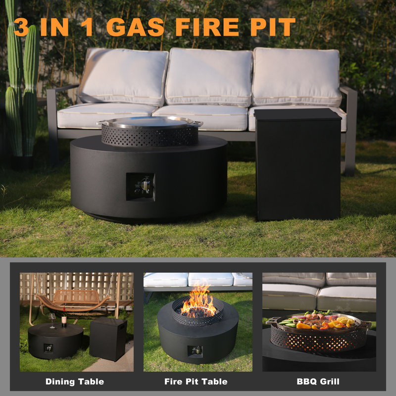 3-Piece Propane Fire Pit Table, 65,000 BTU Propane Smokeless Fire Pit Table with 16" Tank Side Table, Baking Sheet, Wind Guard
