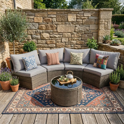 Outdoor Patio Furniture Half-Moon Sectional Round Patio Furniture Set Sofa - PE Rattan+Steel - 2 Pieces - Light Gray
