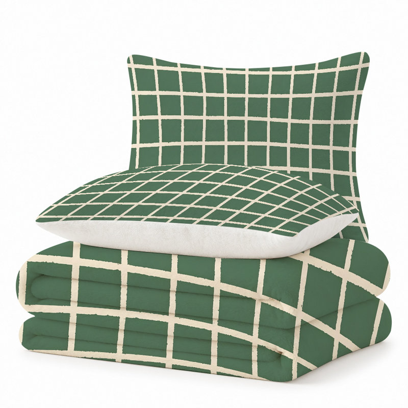 Premium Flannel Lightweight Blanket & 2 Pillow Shams Set with Textured Green Square Grid in Abstract Geometry, Ultra-Soft & Warm Cozy Bedding Set for All-Season, 60" x 80" Blanket + 2 Pillowcases Anti-Pilling & Machine Washable(Set of 3)