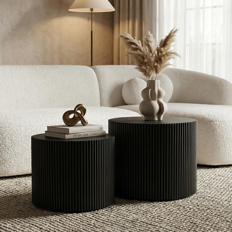 Black Round Coffee Table Set Of 2, Modern Wooden Nesting Tables, No Assembly Required Circle Side Tables For Living Room, Bedroom, Balcony