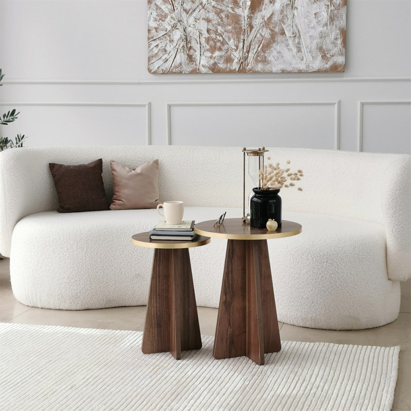 Modern Coffee Table Set (2 Pieces), Gold & Walnut, 15.7 x 19.7 x 15.7 inches & 11.8 x 17.7 x 11.8 inches | 100% Melamine Coated Chipboard, Thickness: 0.7 inches | PVC Edge Bands, Stylish & Functional for Contemporary Living Rooms