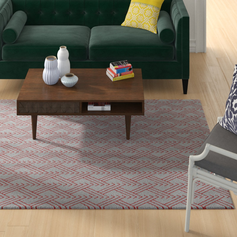 Gris zigzag/Tapis décoratif rouge, Rectangle 5 pi x 7 pi