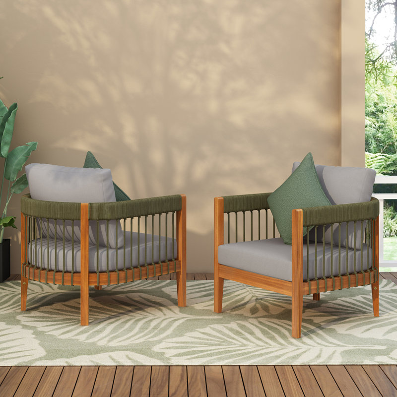 [Ensemble de 2] Fauteuil club d'extérieur en bois d'acacia avec détails en corde tissée à la main et dossier incurvé