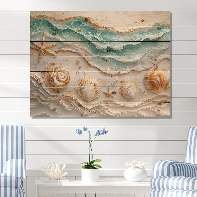 Coquillage et paysage de plage marbré I - décoration murale en bois côtier - sur bois de pin naturel