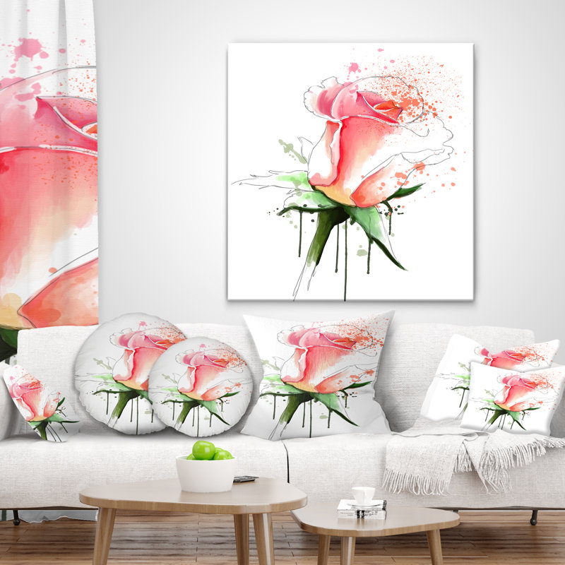 Croquis rose rose avec calice vert - coussin décoratif imprimé floral, 16 po x 1 po, Carré