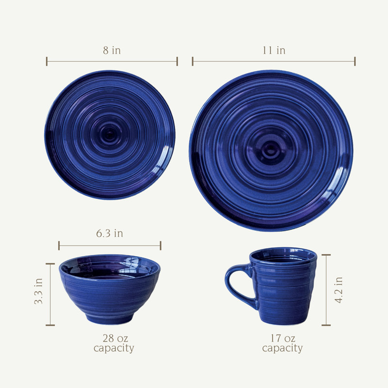 16 Piece Stoneware Dinnerware Set - Service for 4, Blue