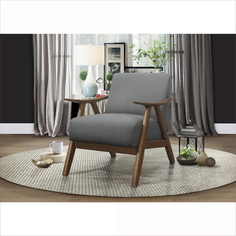 Fauteuil d'appoint moderne à une place avec structure en bois de noyer et tissu d'ameublement gris classique, Gris, Brun