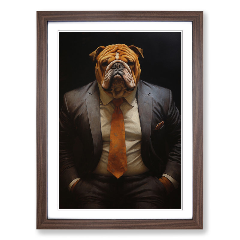British Bulldog in a Suit Painting - Framed Print, 34cm H x 25cm W x 2cm D, Walnut Framed
