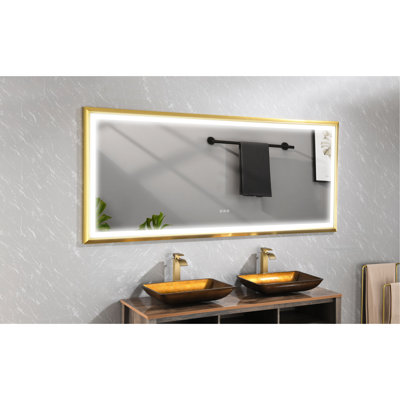 Miroir de salle de bain rectangulaire à brouillard à DEL - 48 po x 84 po, à intensité variable, fixation murale, salle de bain, grand brouillard encadré noir de style luxueux, fixation, 84 po x 48 po, décoration de salle de bain