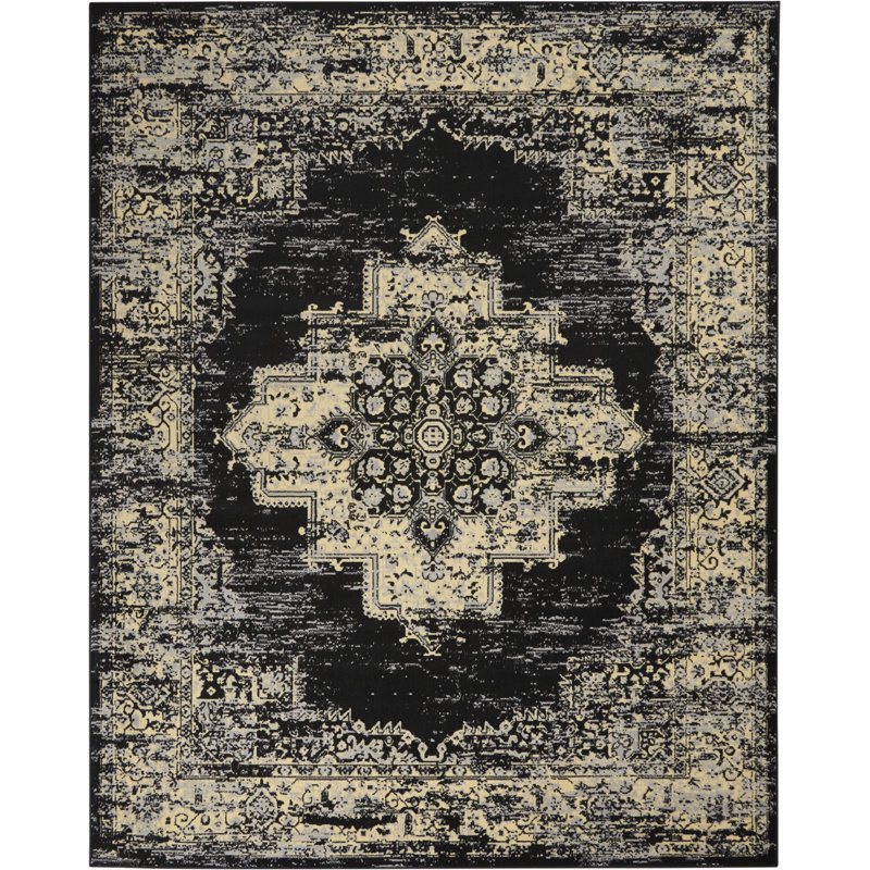 Burnie Oriental Black/Cream Area Rug, Rectangle 9' x 12'