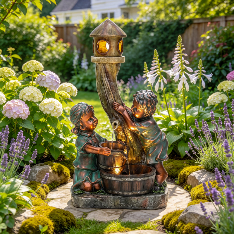 Statue d'extérieur 30,7 "en résine de polyrésine à DEL pour garçon et fille