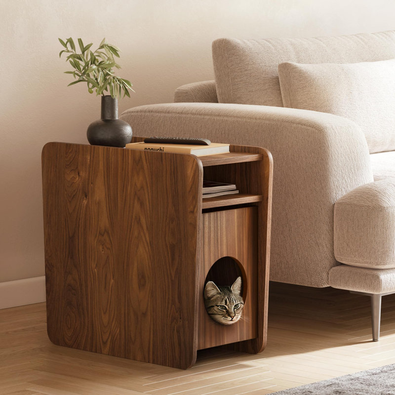 12'' Narrow End Table for Living Room - Small Side Table with Shelf, Magazine Holder and Storage Doubling as Cat Hideaway for Couch, Chair and Bedside. Wood Night Stand for Bedroom (Walnut)
