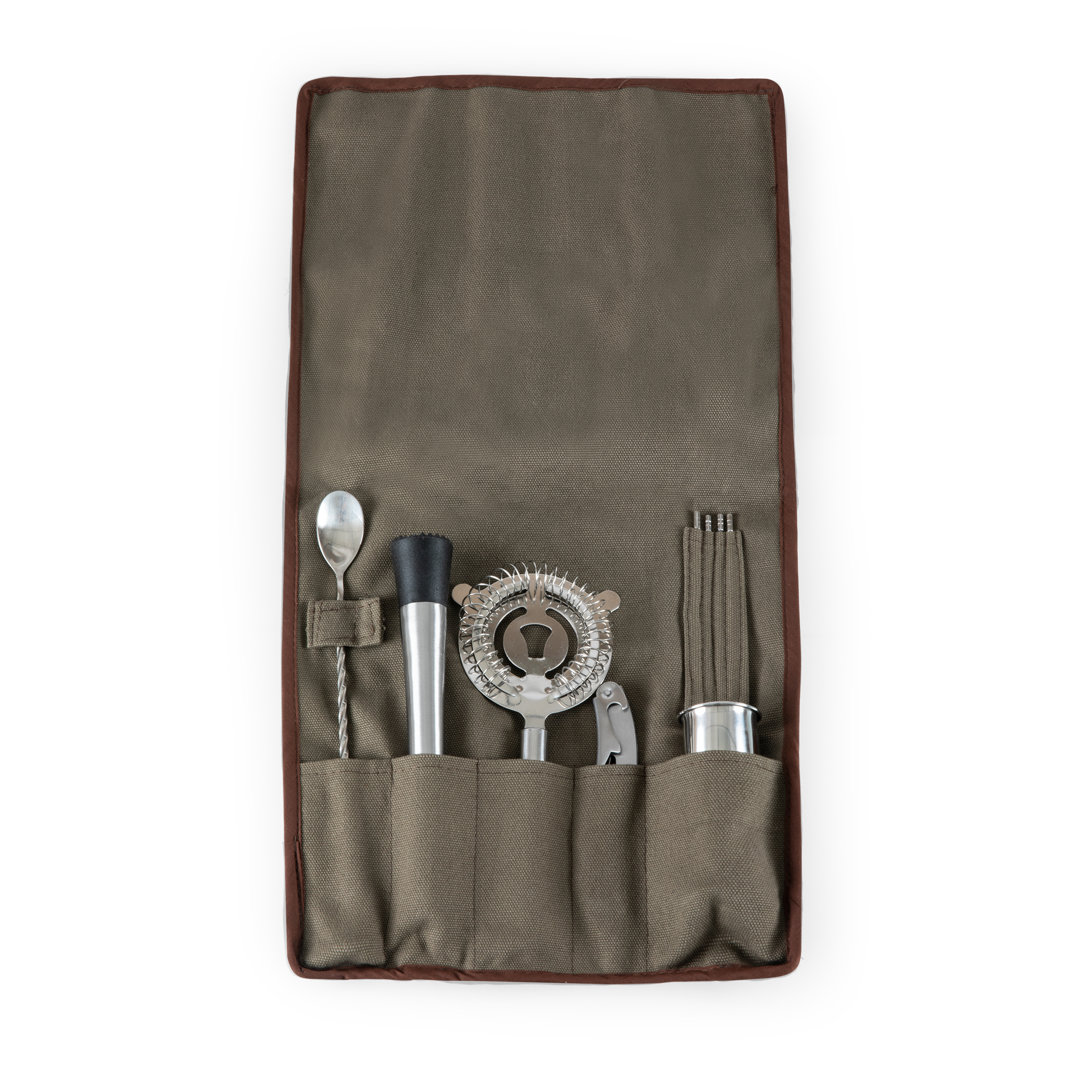 10-Piece Bar Tool Set Roll Up Waxed Canvas Travel Cocktail Kit Picnic Time