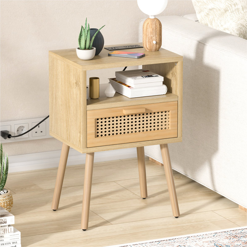 Table de chevet en rotin avec station de charge, Naturel