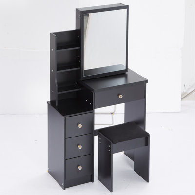 Petit meuble de chevet à gauche avec table de chevet + tabouret rembourré, très grand miroir coulissant à droite, rangement multicouche à grande capacité, commode pratique et pratique, convient aux petits espaces