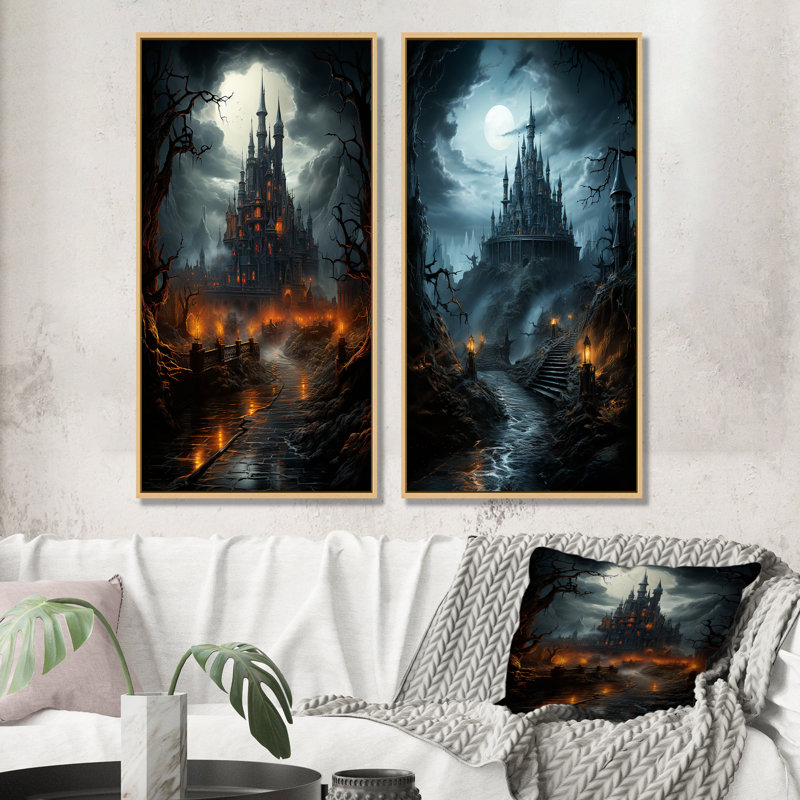 «Haunted Castle At Nightfall I», ensemble de 2 impressions sur châteaux, H 40 po x l 41 po, Encadrement brun