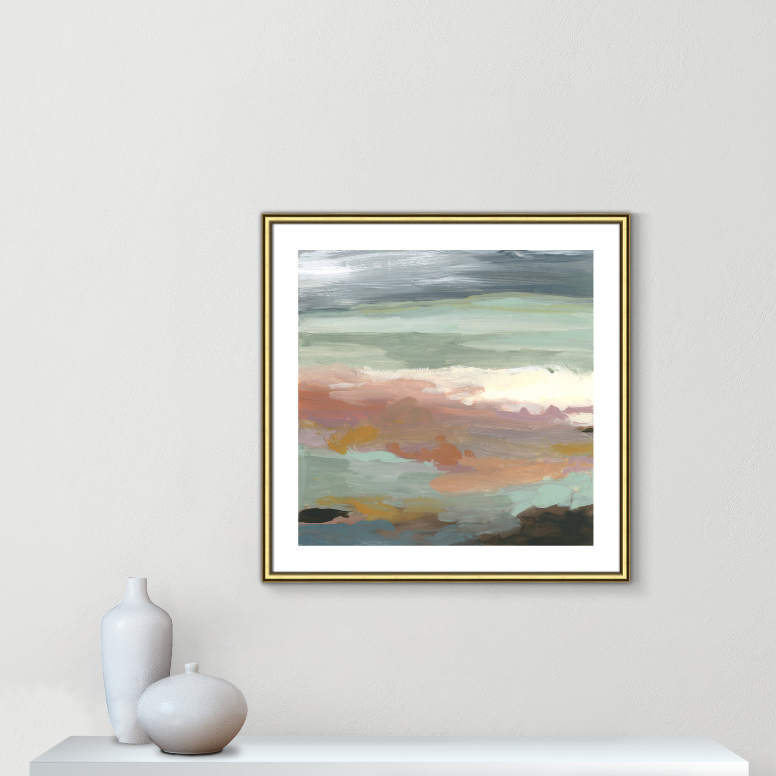 Bingham "Ocean Bluffs" Painting by Carol Robinson, 24.75" H x 24.75" W, Picture Framed Paper, Gold Bead