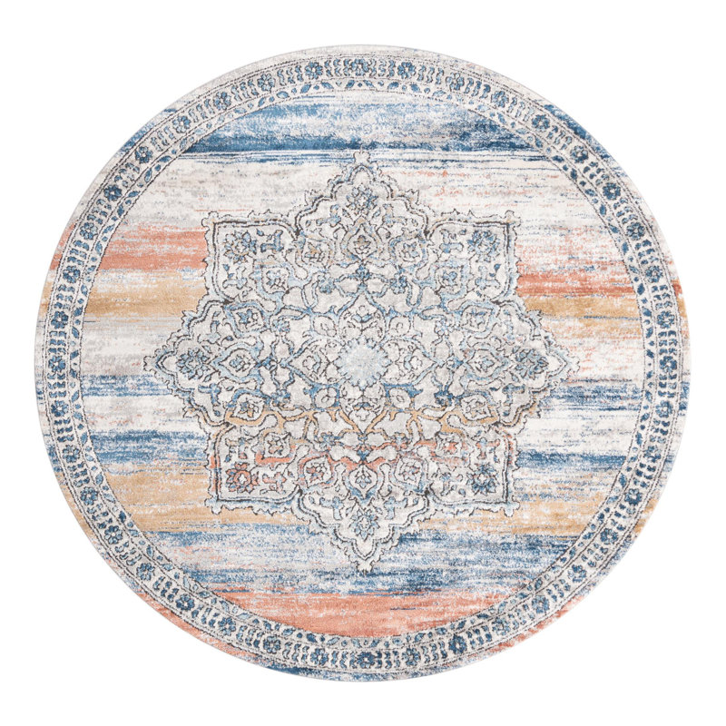 Tapis bleu / blanc / orange à motif abstrait Weingartner, Rond 5 pi 3 po