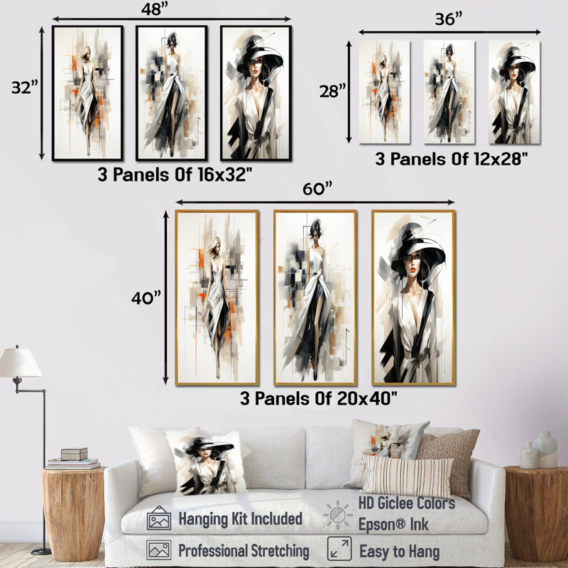 Ensemble de 3 reproductions d'art sur toile en noir et blanc, Cadre flottant noir, H 28 po x l 36 po