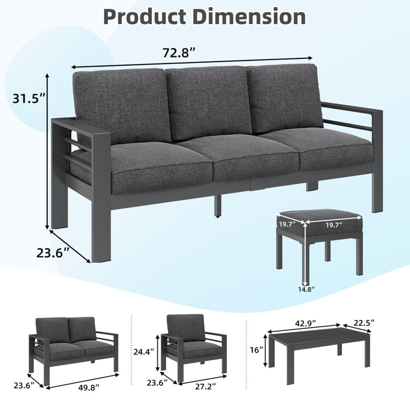 Aluminum Patio Furniture Set With Fire Pit Table, Black Cushion/Black Frame