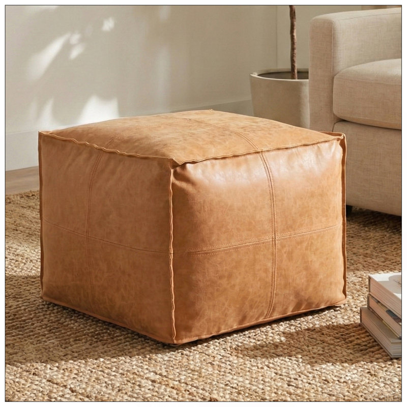 Brody - Pouf carré - Brun patiné, Cuir brun clair