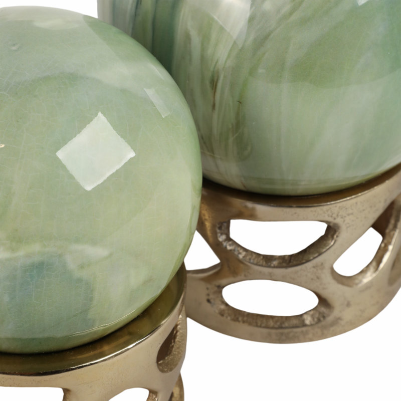 Set Of 2 7/8" Zakrzewski Marble Sphere Statuary, Green