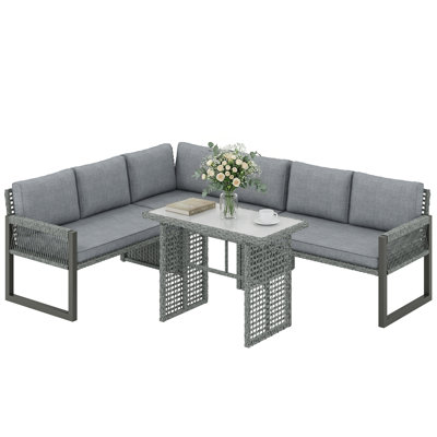 Outsunny 6 Seater Rattan Garden Furniture Set with 3 Loveseats 4 Piece Grey