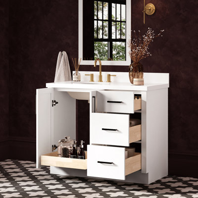   Kayleigh 43 Inch Left Offset Single Oval Sink Bathroom Vanity with Pure White Quartz Countertop 1.5 Inch in White