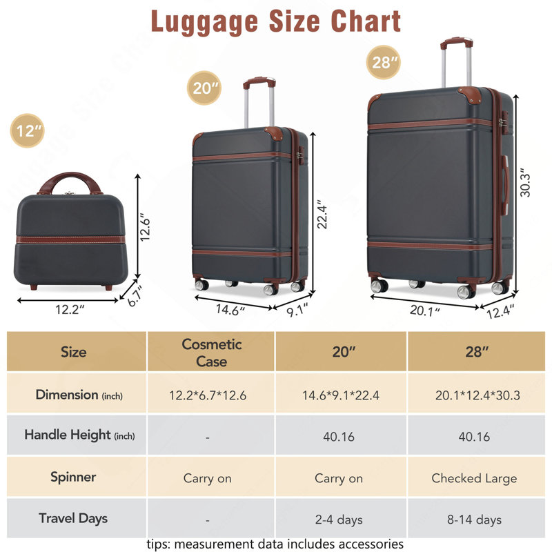Valise à roulettes Hardshell 3 pièces 20 "+ 28" Valise avec serrure TSA légère, noire