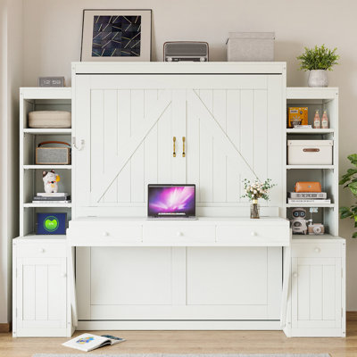 Hartland Queen Size Murphy Bed with Desk & Storage, Space-Saving Wood Wall Bed with Built-in Study Desk, Cabinets & Drawers for Home Office Guest Room, White or Espresso Finish