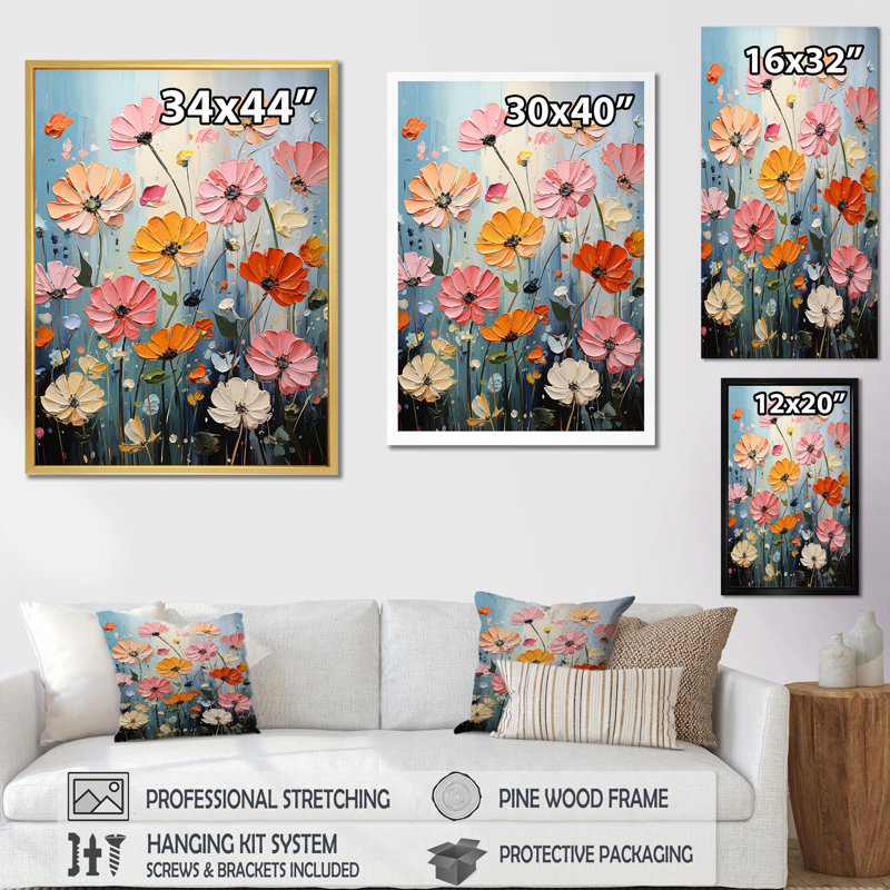 «Blue and Orange Expression Of Zinnias II» sur impression sur toile, Cadre doré simple, H 44 po x l 34 po x P 1,5 po