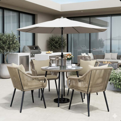 Ensemble repas en rotin de qualité supérieure avec trou pour parasol et coussins