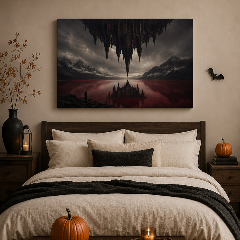 Toile murale surréaliste représentant un château gothique à l'envers surplombant le lac rouge, idéale pour l'Halloween