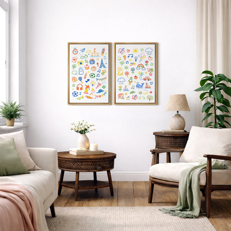 Colorful Kids Doodle Pattern Artwork, Playroom Pictures, Framed Canvas Giclee Print 2 Pieces Wall Art, Natural Frame