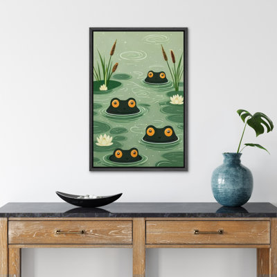 Cute Frog Pond with Water Lilies and Cattails Illustration Wall Art Decor Framed On Canvas Print