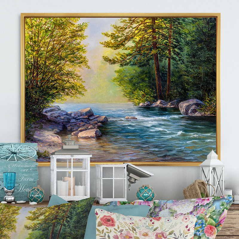«River Through The Birch Tree Forest II», reproduction sur toile flottante, H 16 po x l 32 po x P 1 po, Cadre flottant doré