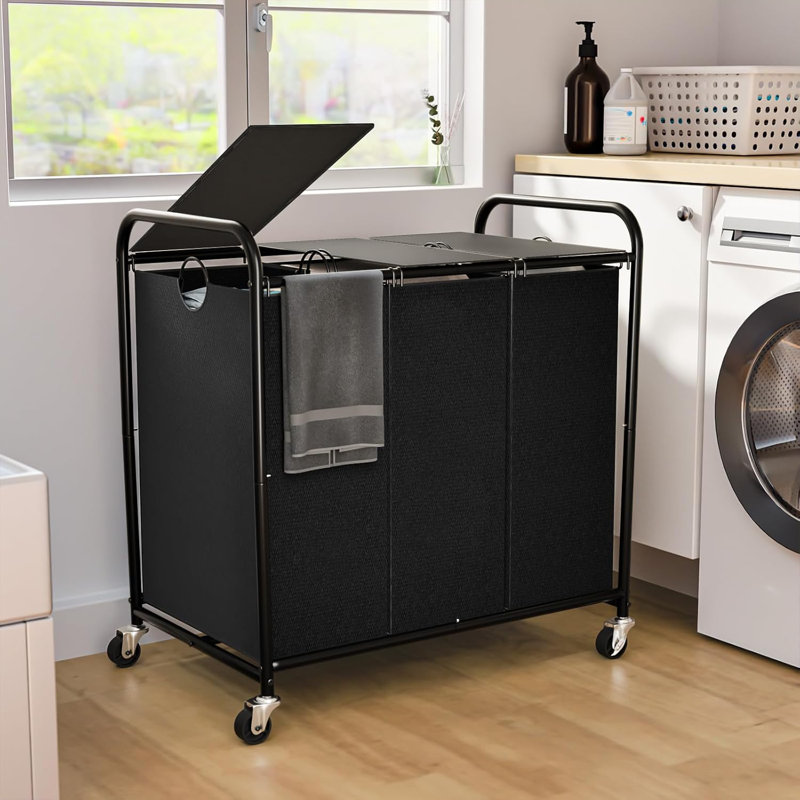 Panier à linge sur roulettes 180 l (47,55 gallons) à 3 sections, avec roulettes verrouillables et couvercle