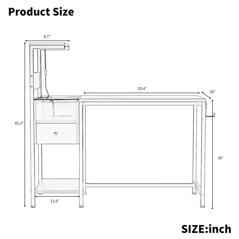 Bureau d'ordinateur brun avec bloc d'alimentation et tablettes, option de tablette réversible, ports de charge en métal et, lumières à DEL, dispositif de suspension pour casque d'écoute, construction, complément
