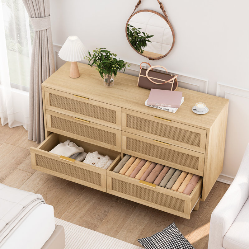 Commode Ayanna, commode 6 tiroirs, commode en bois, commode moderne, Naturel 1, Doré, H 29,53 po x l 51,18 po x P 15,75 po