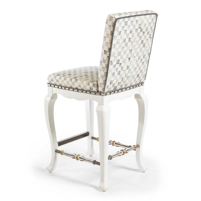 White and Gray Solid Wood Counter Stool with Upholstered Back