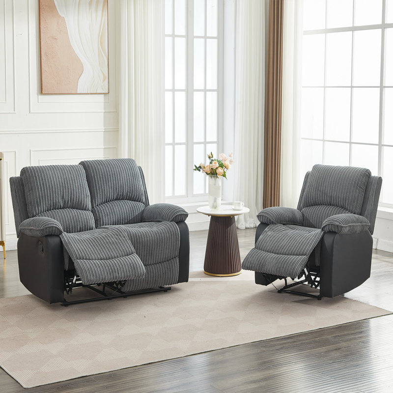 Reclining Sofa Sectional Recliner Plush Corduroy Couches Set Sofa, Manual - Push Button