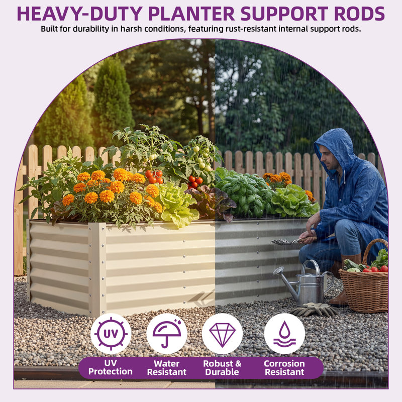 Galvanized Raised Garden Bed With Gloves, Cream, 36" H x 96" W x 48" D