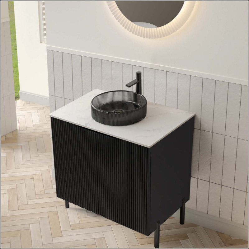 Meuble-lavabo de salle de bain avec lavabo, armoire de rangement autoportante avec 2 portes, lavabo en verre et comptoir en pierre frittée, sans robinet